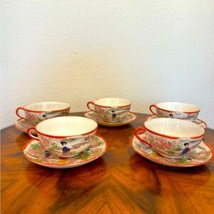 10 Piece Japanese Kutani Hand Painted Geisha Girl Tea Cups With Saucers